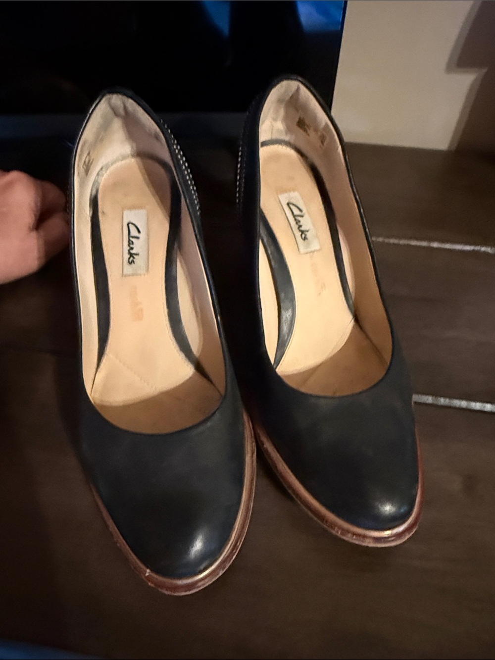 Clarks Black Leather Platform Pumps with Brown Trim
